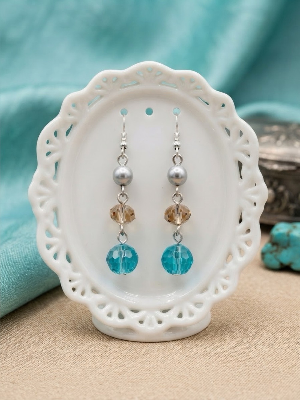 Teal & Amber Bead Dangle Earrings | Champagne Crystal Silver-Tone Fishhook